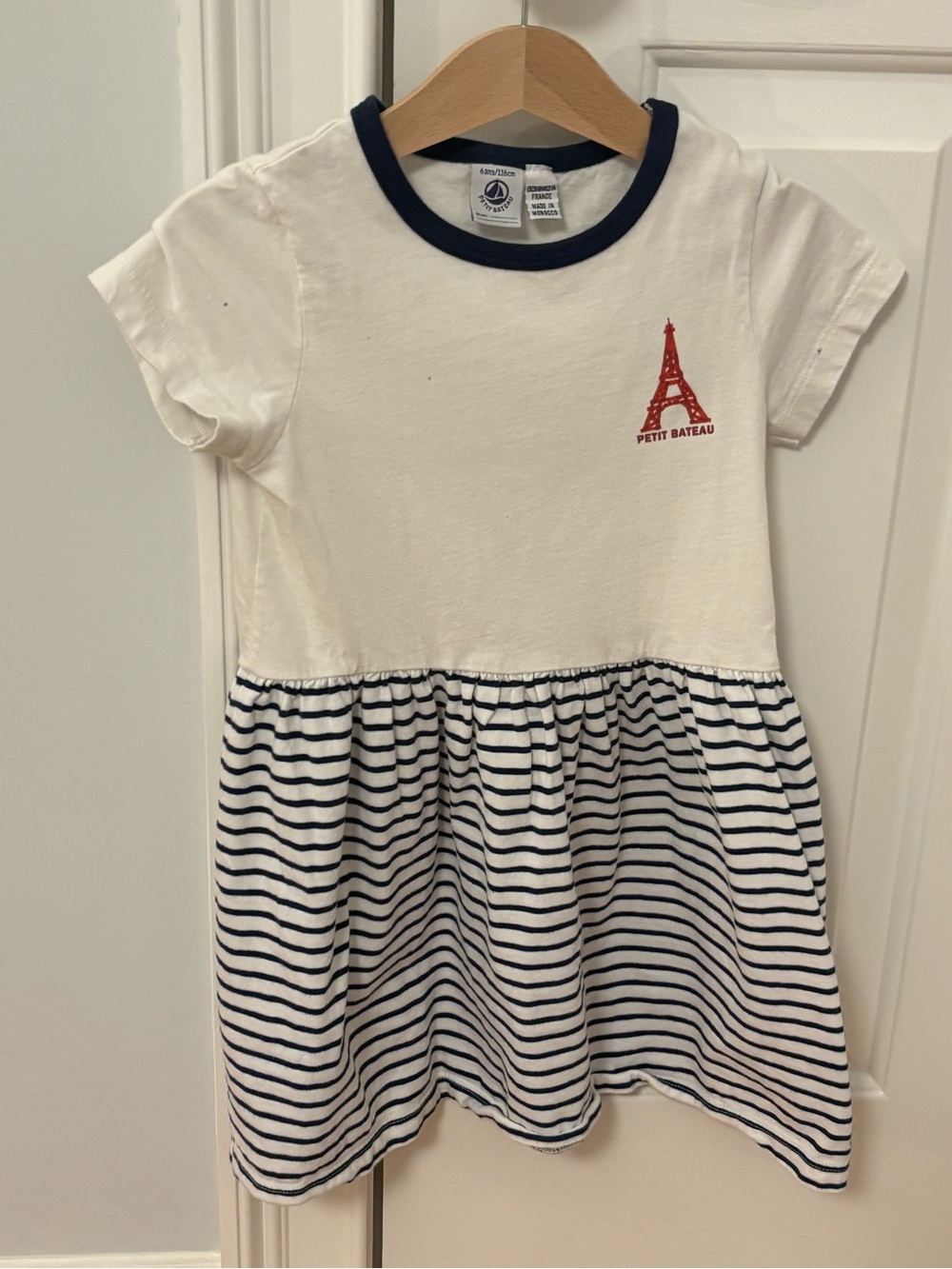 Petit Bateau White & Navy Striped Cotton Dress with Red Eiffel Tower
